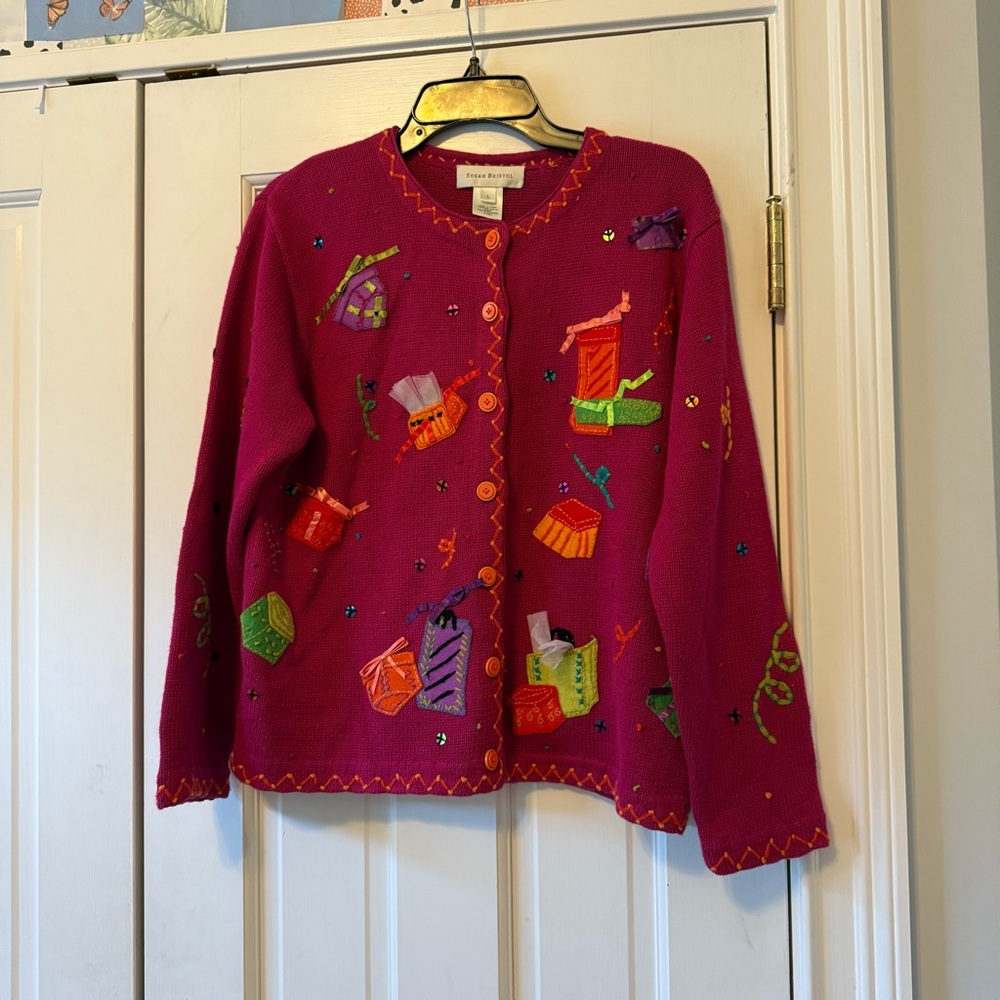 Vintage Susan Bristol Pink Present Embroidered 3D Appliqué Cardigan Size Large